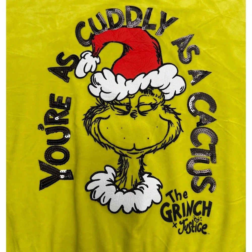 The Grinch x Justice Girls L 12/14 Green Velour Christmas Sequin Sweatshirt